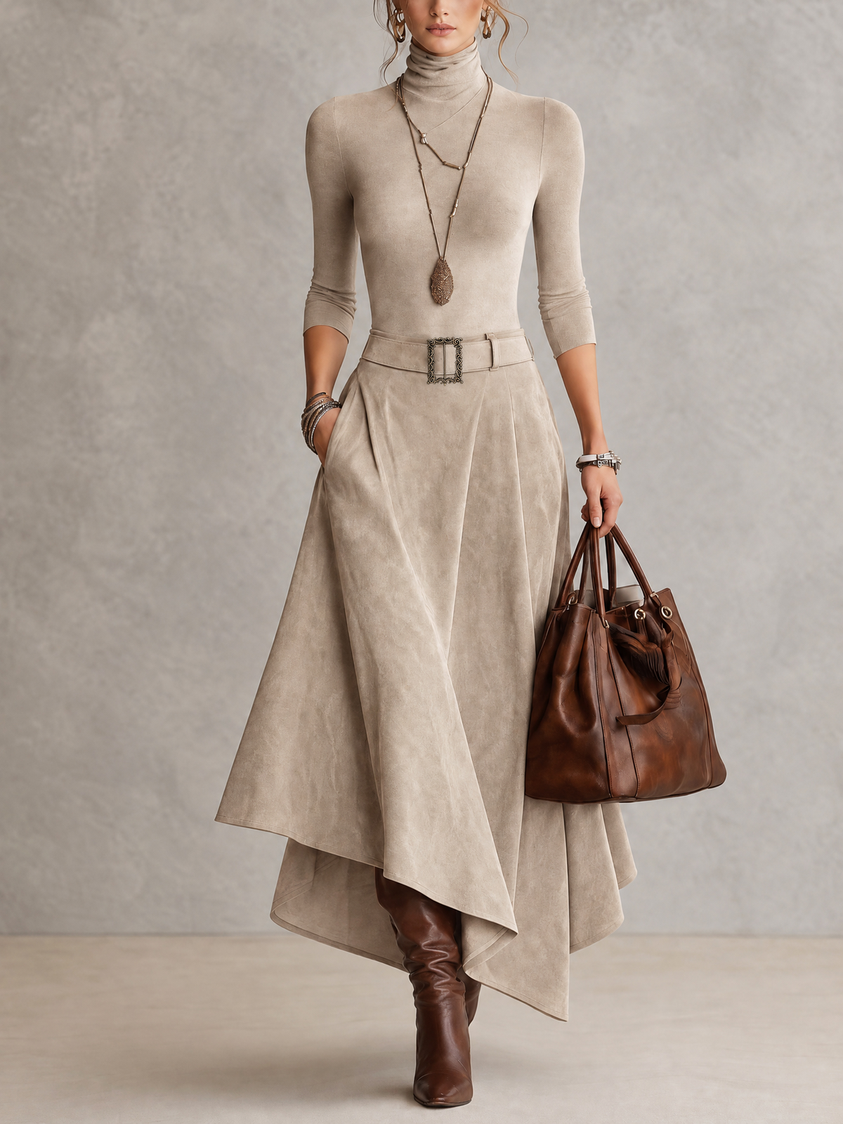 Aurore | Ensemble Top Col Roulé Taupe et Jupe Asymétrique en Daim