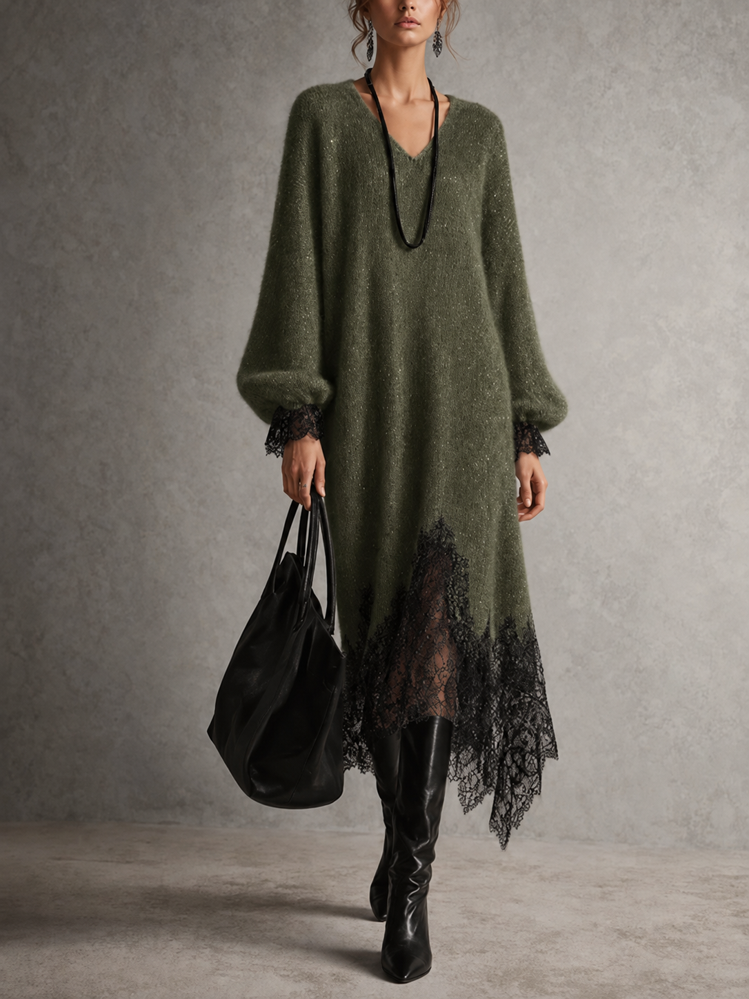 Romane | Robe Midi Grise en Maille avec Ourlet en Dentelle