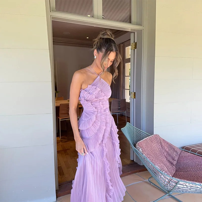 Robe longue plissée à volants bleu ciel