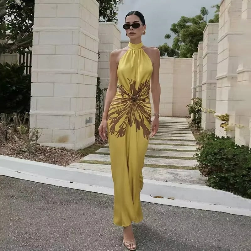 Robe longue dos nu imprimée Solène en satin