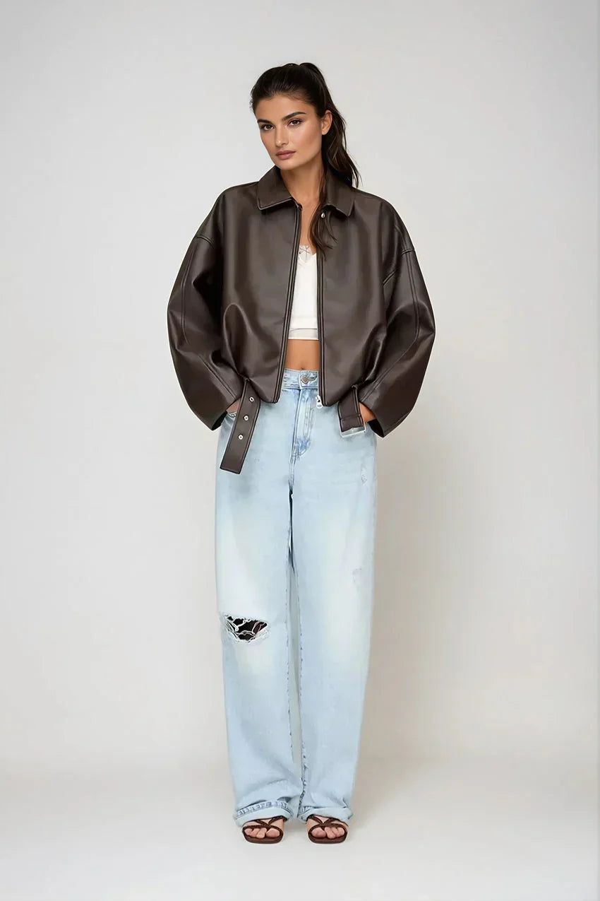 Solène - Chaqueta de cuero oversize con cinturón