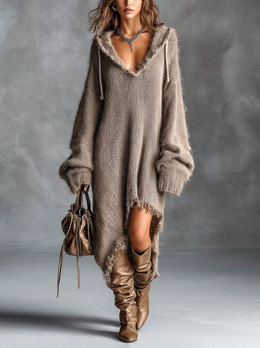 ElevenOra Chic Elegant Brown Hooded-Collar Dropped Shoulder Long-Sleeve Asymmetrical Hem Raw Edge Detail Oversize Fuzzy Knit Midi Dress