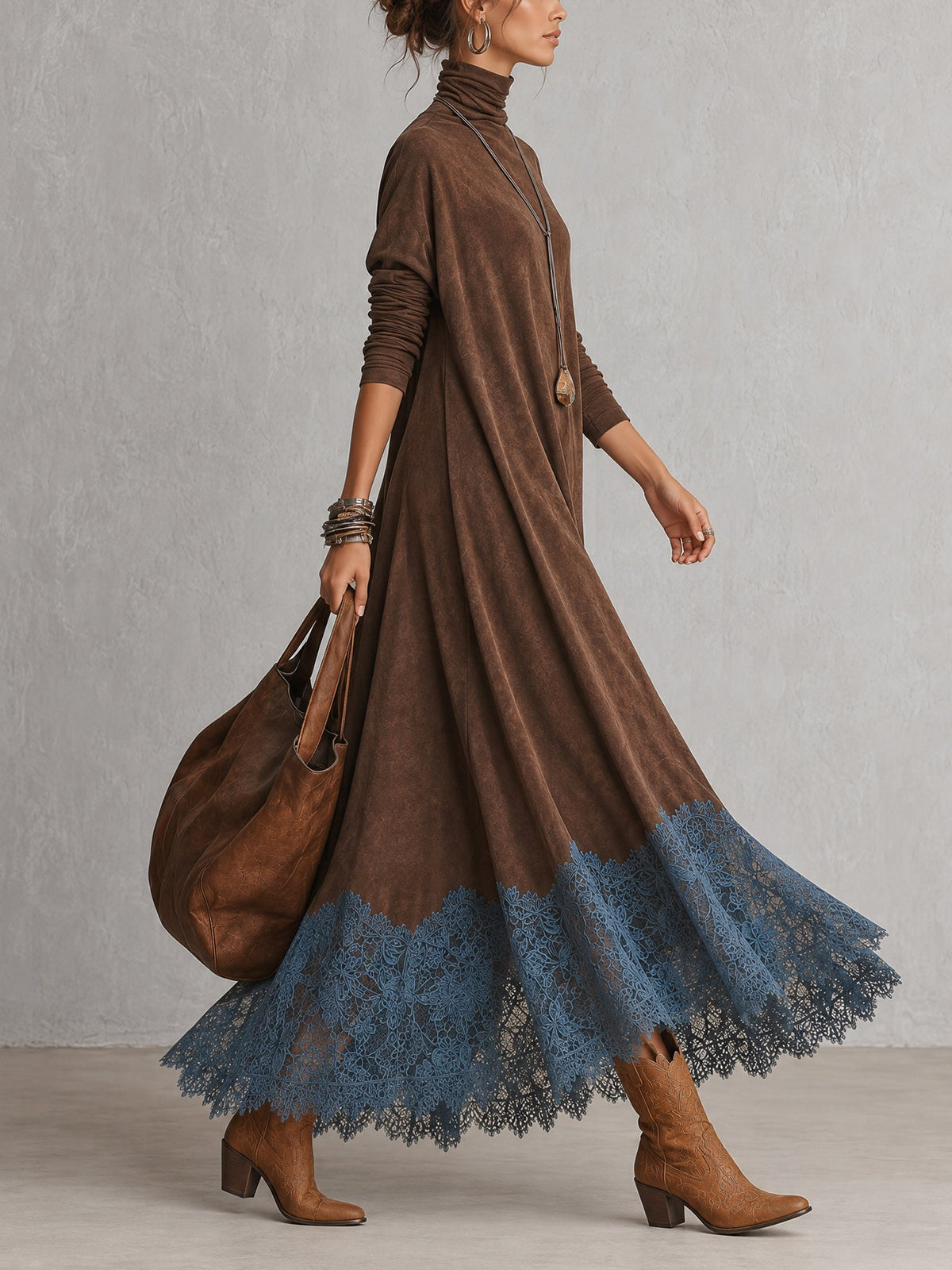 Colette | Robe longue effet daim à bordure en dentelle