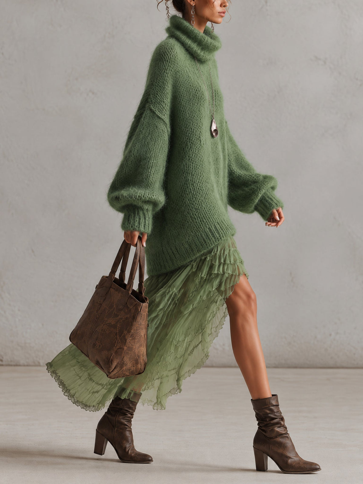 Robe Midi Maille Mohair Vert Ourlet Mousseline