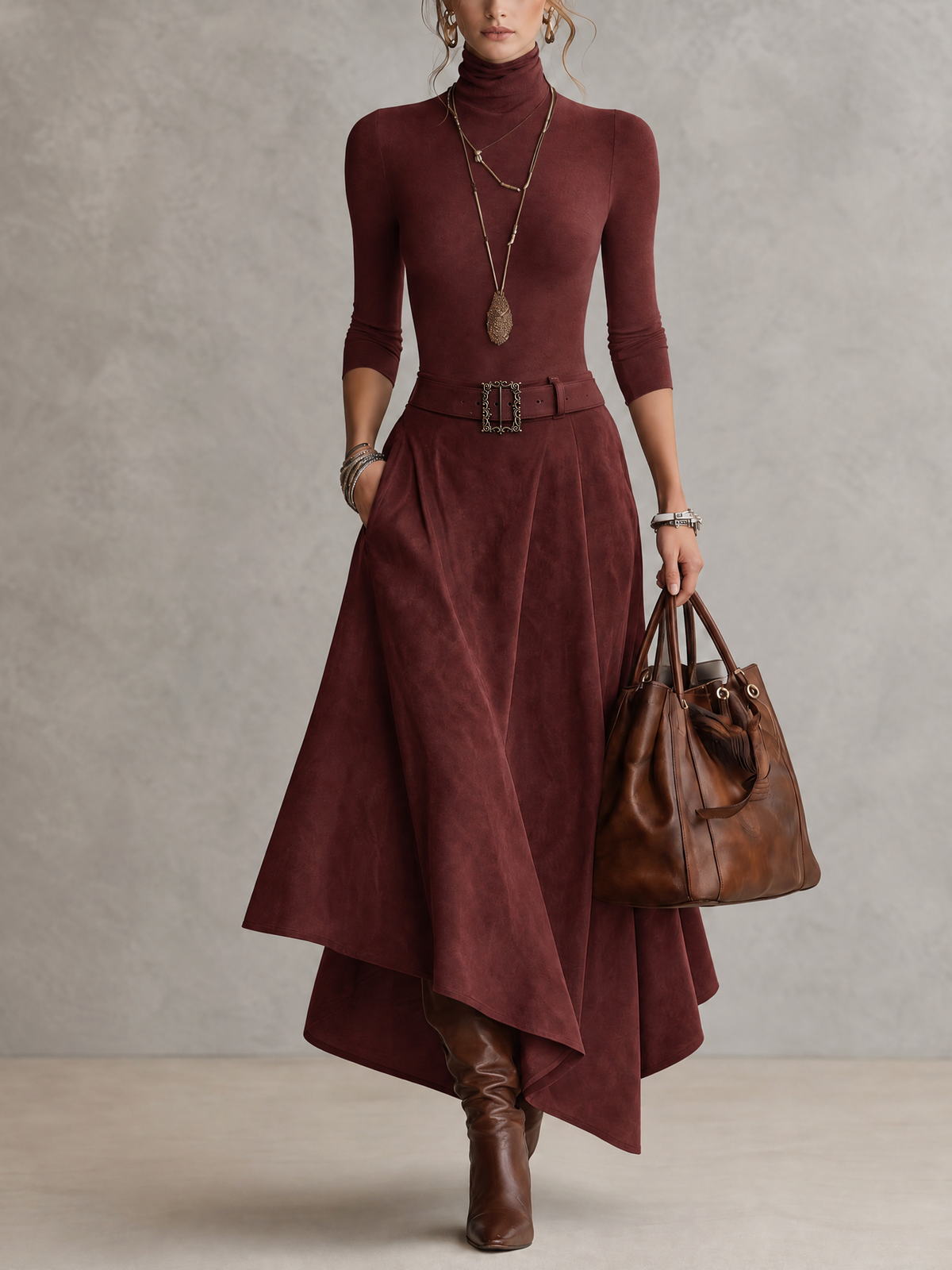 Aurore | Ensemble Top Col Roulé Taupe et Jupe Asymétrique en Daim