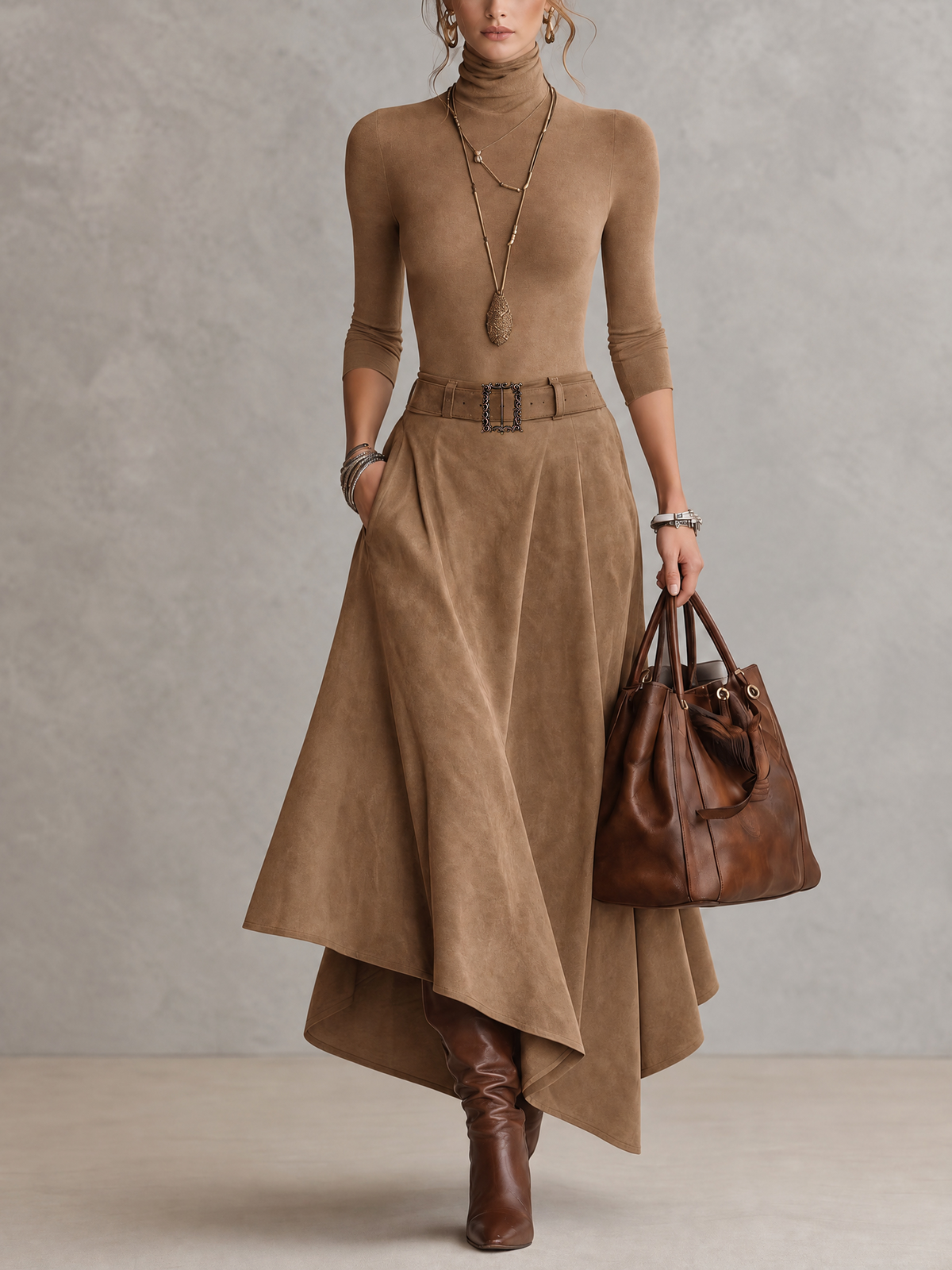 Aurore | Ensemble Top Col Roulé Taupe et Jupe Asymétrique en Daim