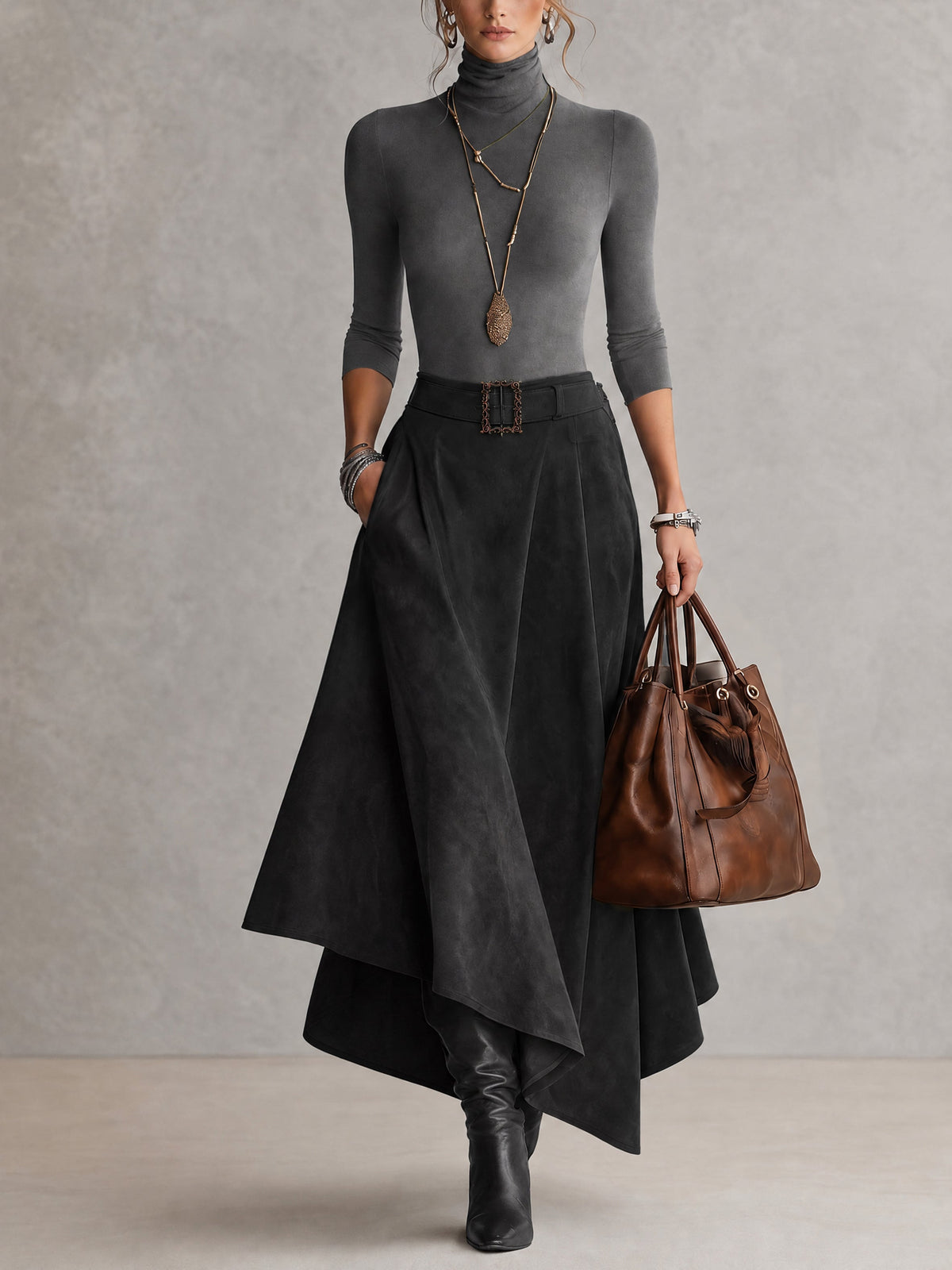 Aurore | Ensemble Top Col Roulé Taupe et Jupe Asymétrique en Daim