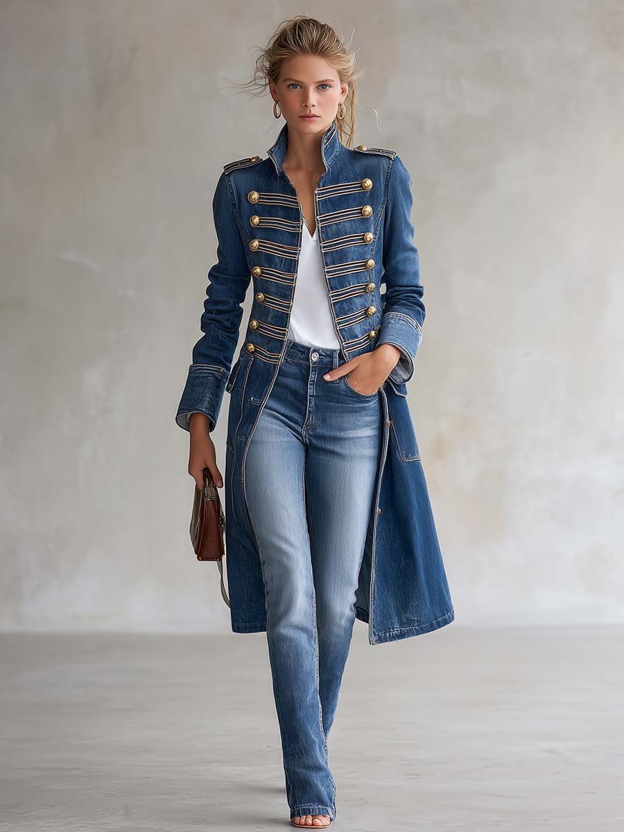 Manteau en Denim Long Ajusté Style Militaire