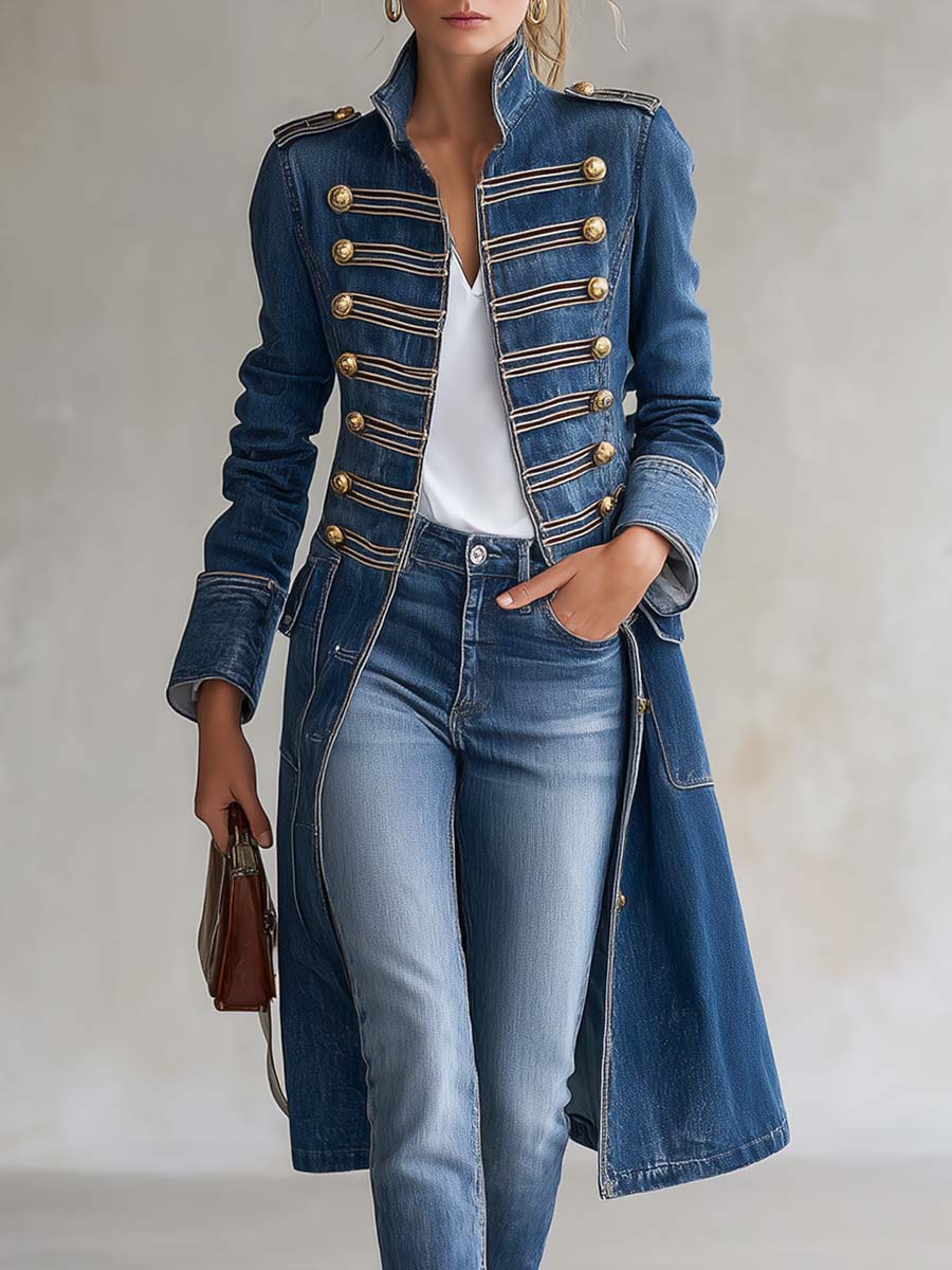 Manteau en Denim Long Ajusté Style Militaire