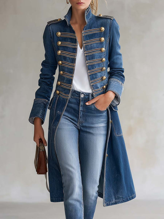 Manteau en Denim Long Ajusté Style Militaire