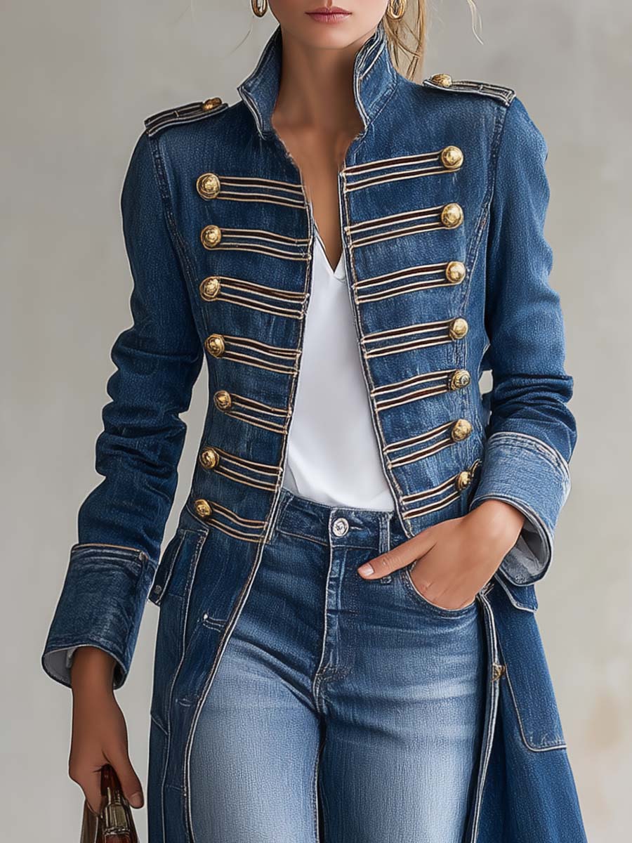 Manteau en Denim Long Ajusté Style Militaire