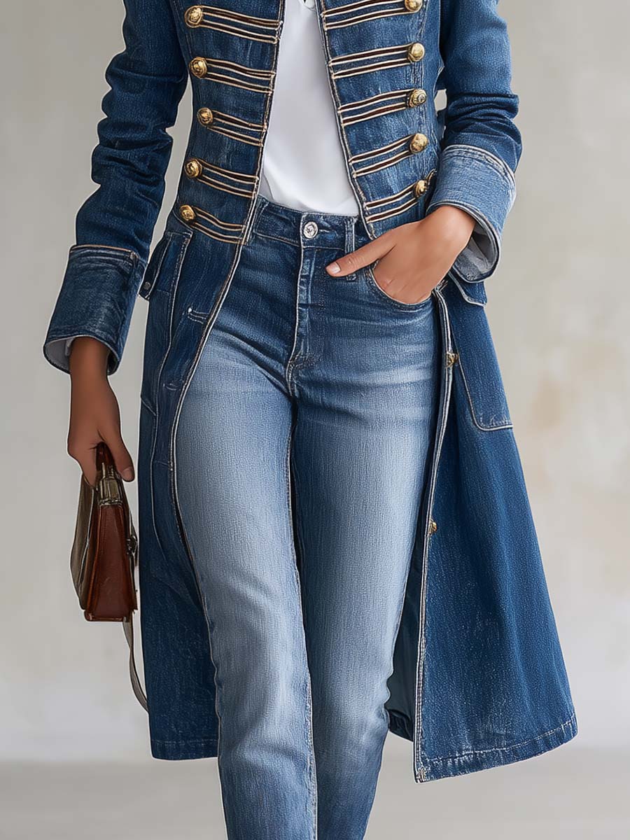 Manteau en Denim Long Ajusté Style Militaire