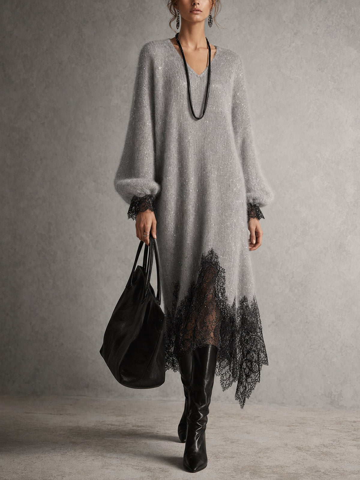 Romane | Robe Midi Grise en Maille avec Ourlet en Dentelle