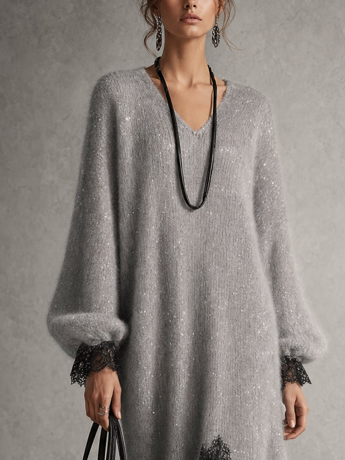 Romane | Robe Midi Grise en Maille avec Ourlet en Dentelle