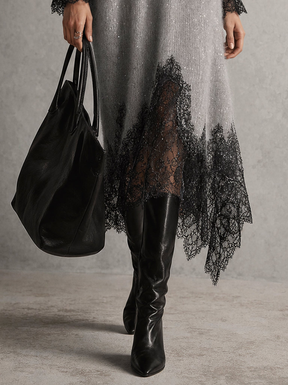 Romane | Robe Midi Grise en Maille avec Ourlet en Dentelle