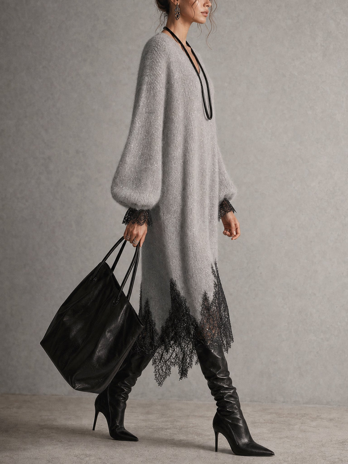 Romane | Robe Midi Grise en Maille avec Ourlet en Dentelle