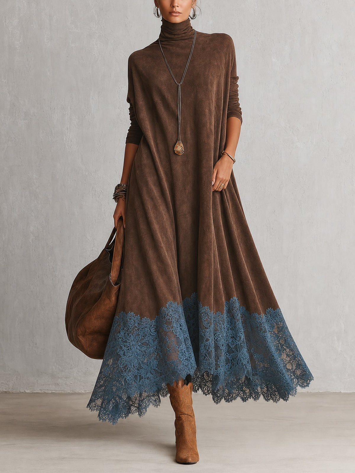 Colette | Robe longue effet daim à bordure en dentelle