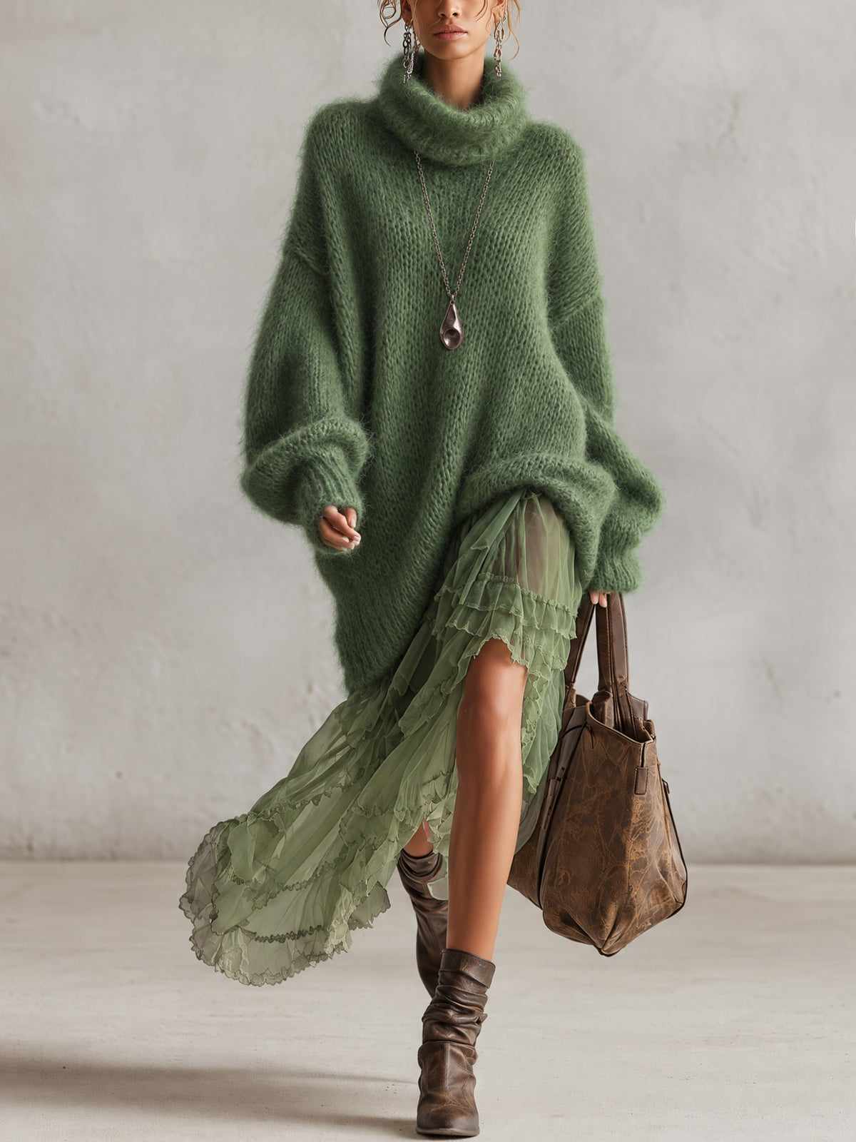 Robe Midi Maille Mohair Vert Ourlet Mousseline