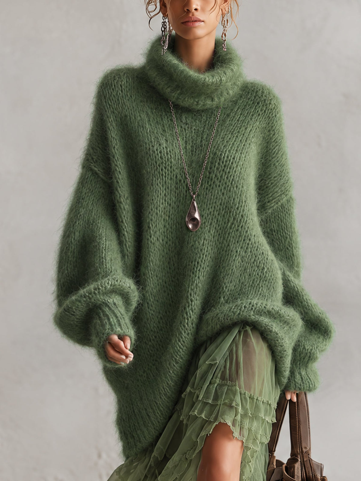 Robe Midi Maille Mohair Vert Ourlet Mousseline