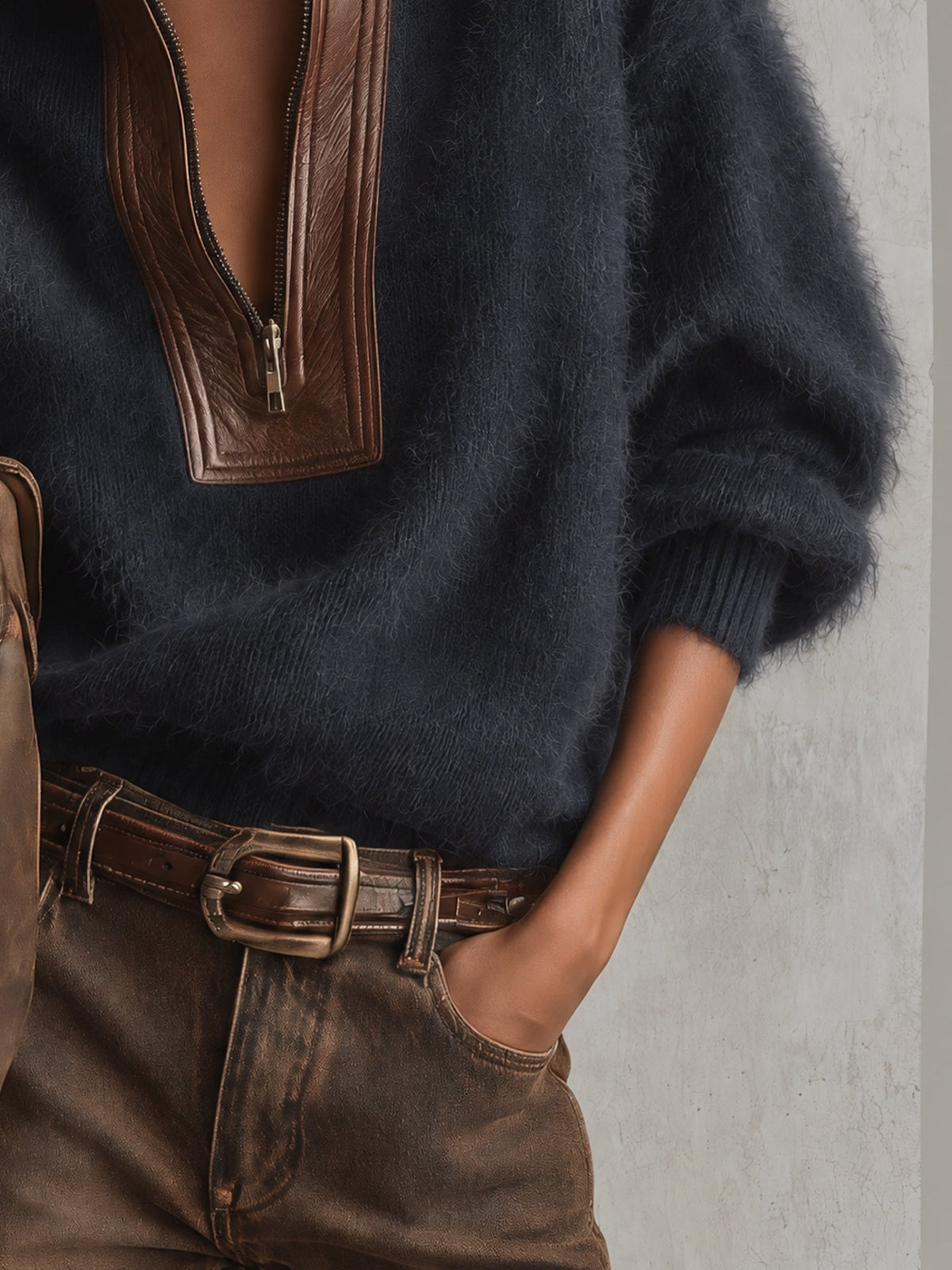 Aurore | Pull Oversize Mohair Bleu à Détails en Cuir PU