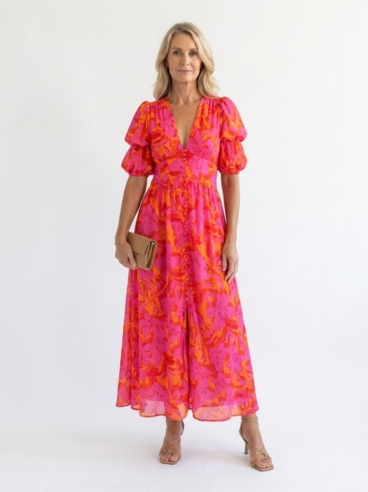 ROCÍO | Robe midi à manches bouffantes
