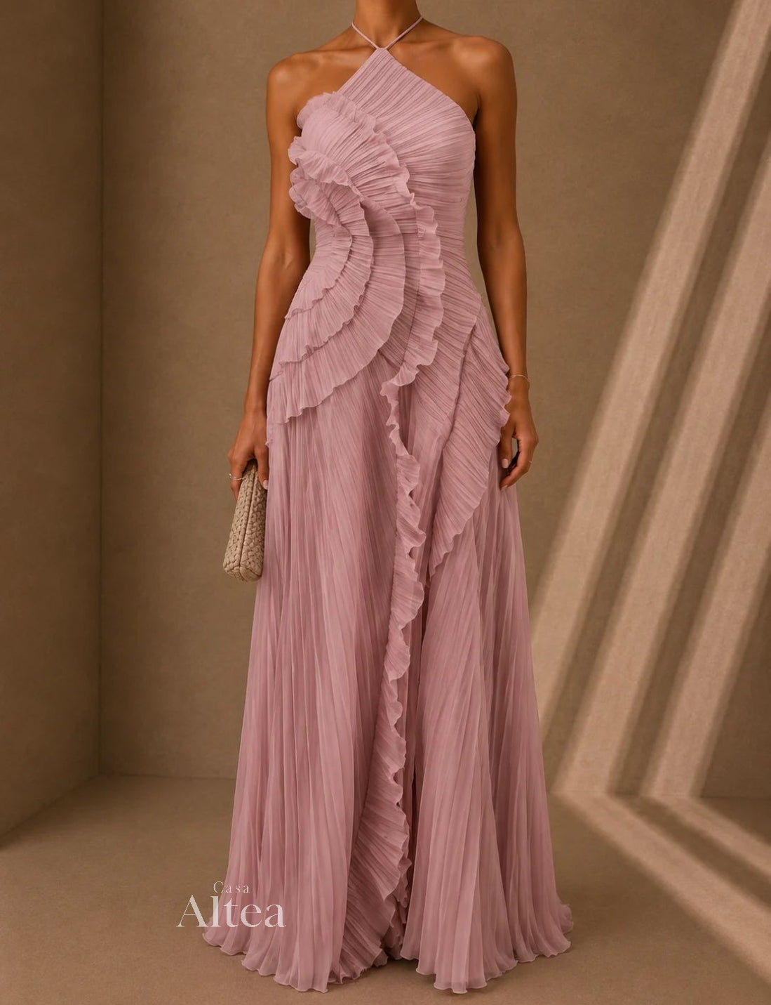 Robe longue plissée à volants bleu ciel