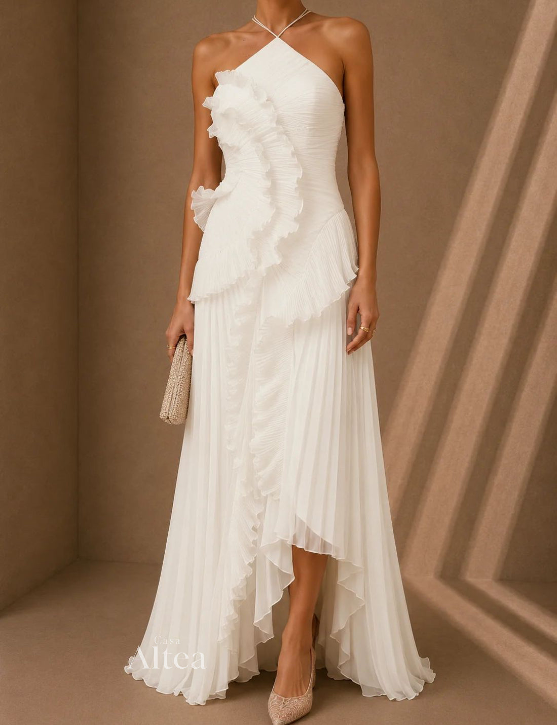 Robe longue plissée à volants bleu ciel
