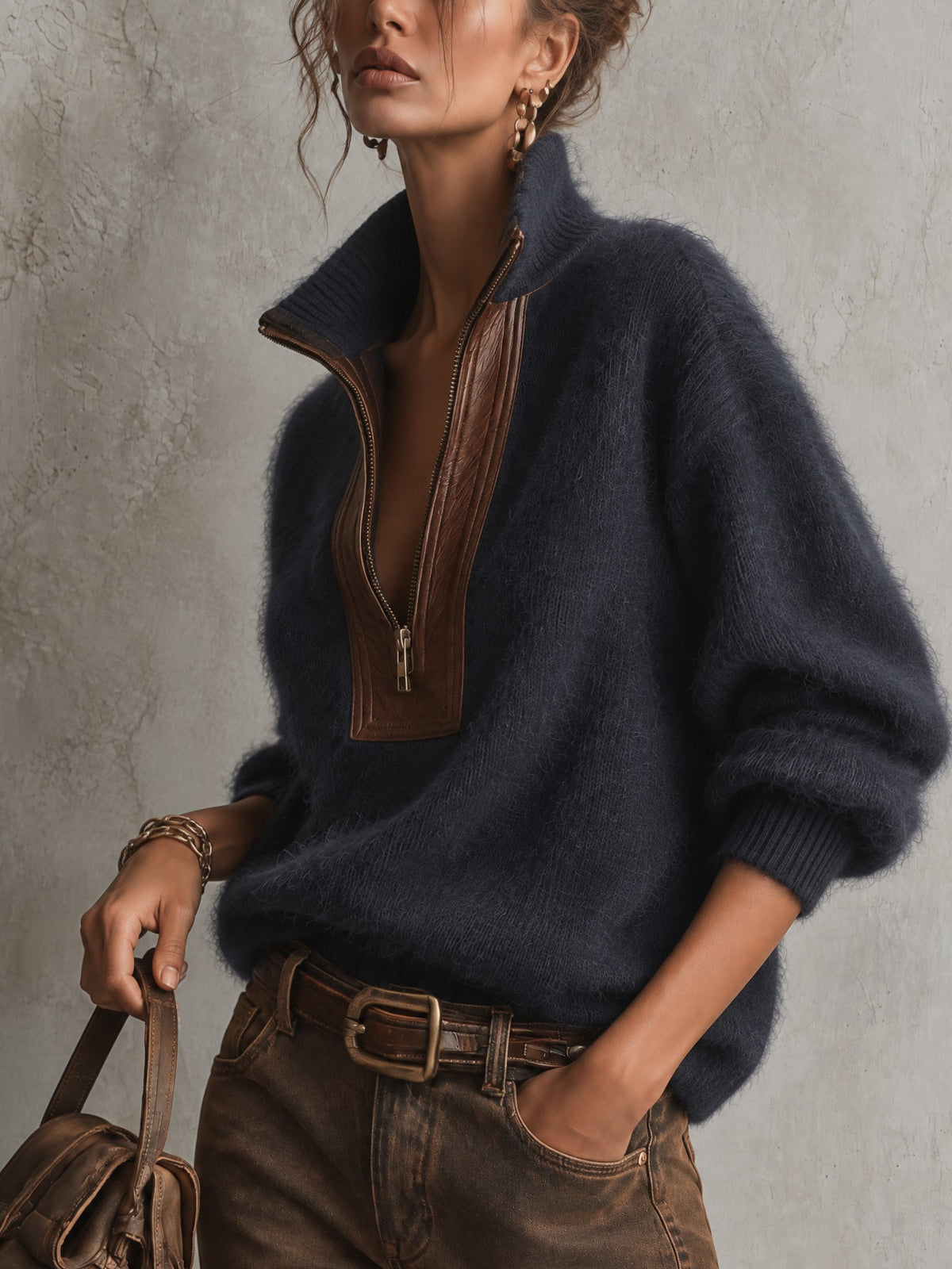 Aurore | Pull Oversize Mohair Bleu à Détails en Cuir PU