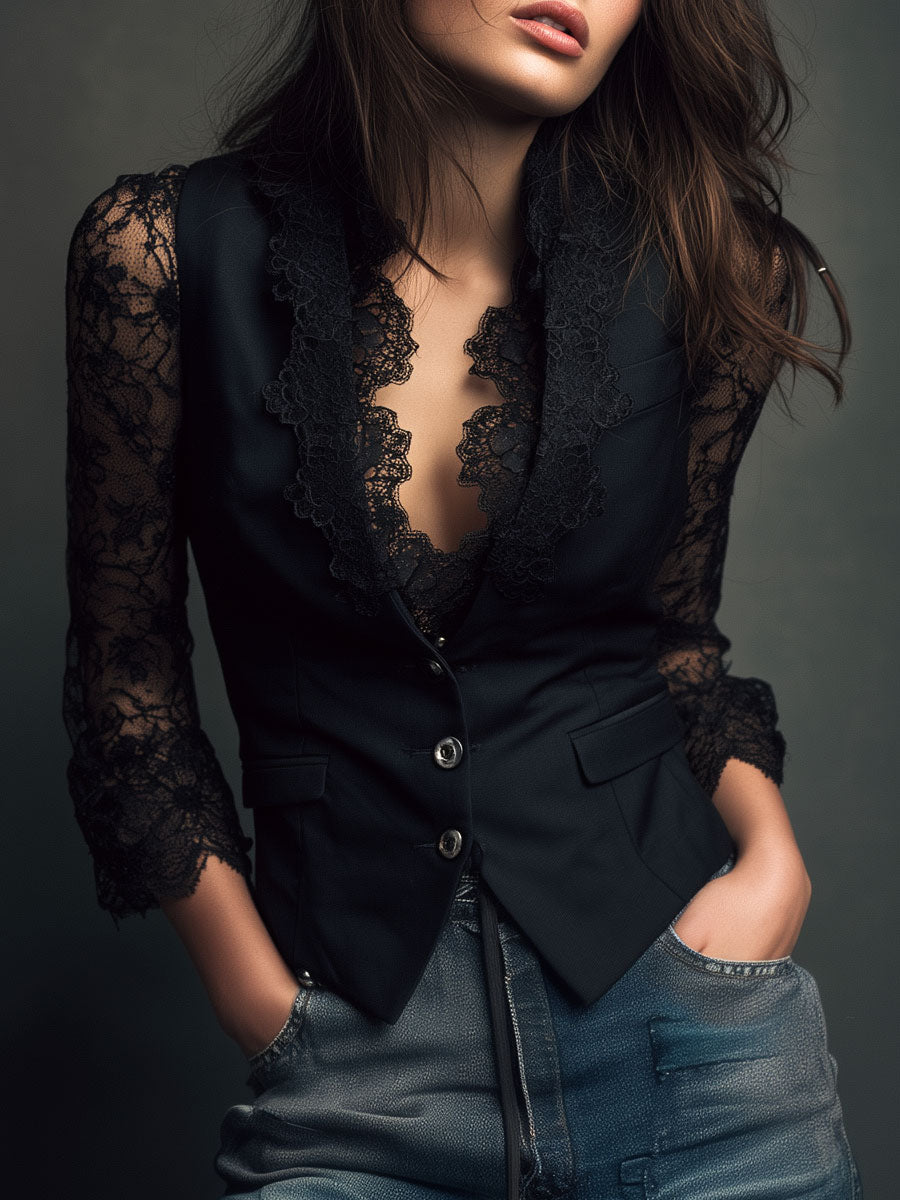 Noelia | Blazer Top Negro de Manga Semitransparente