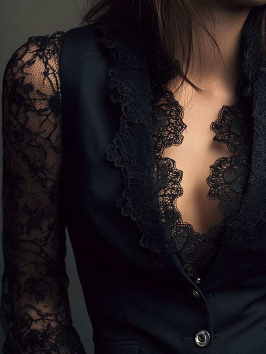 Noelia | Blazer Top Negro de Manga Semitransparente