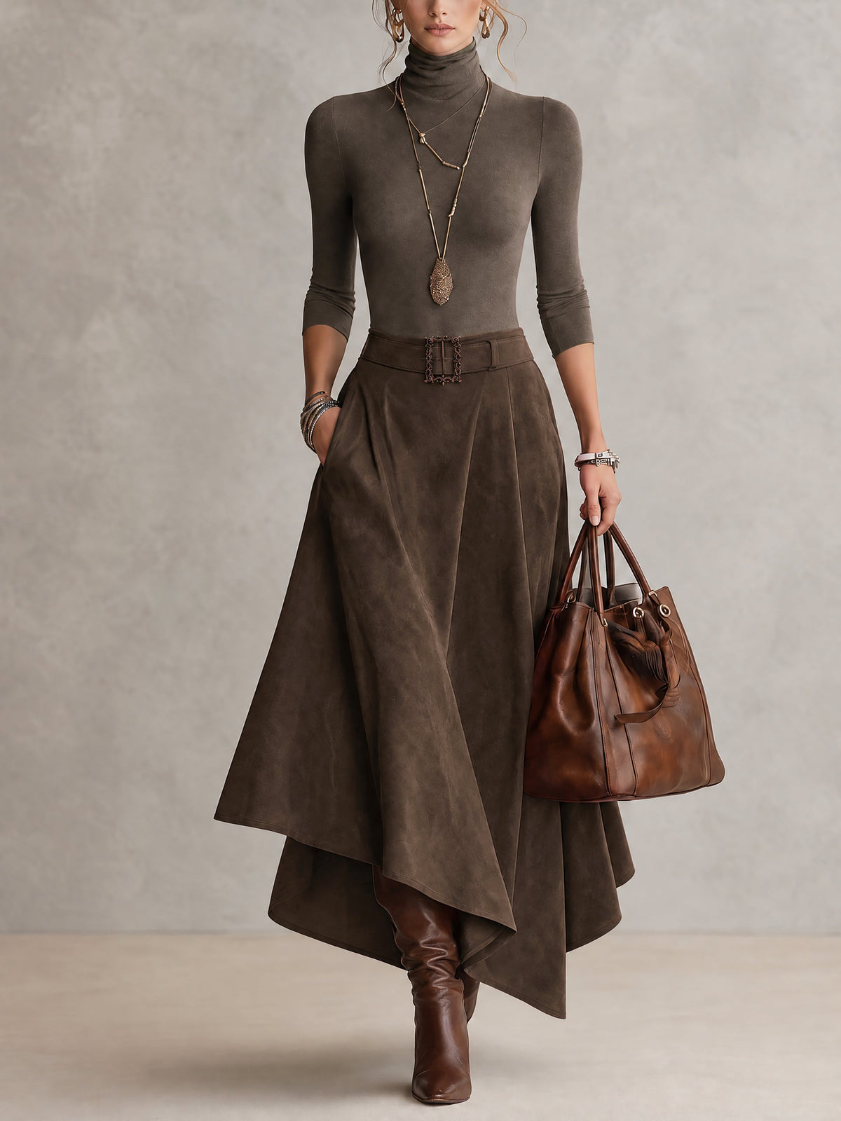 Aurore | Ensemble Top Col Roulé Taupe et Jupe Asymétrique en Daim