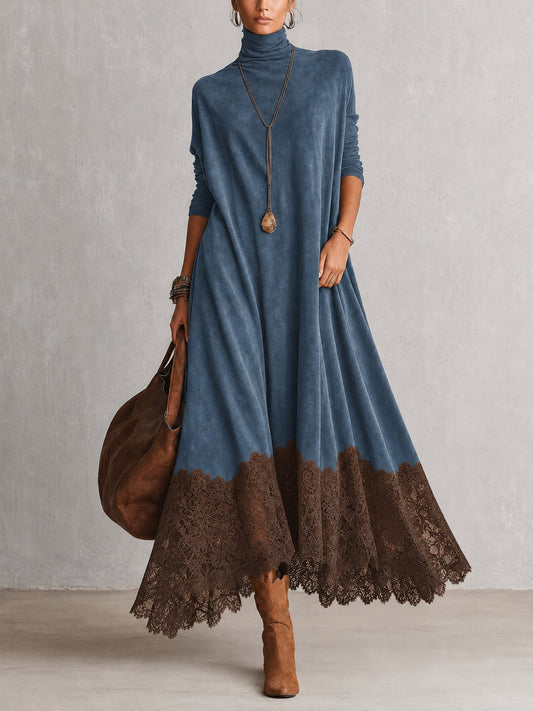 Colette | Robe longue effet daim à bordure en dentelle