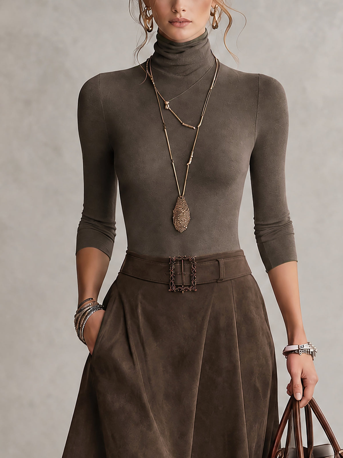 Aurore | Ensemble Top Col Roulé Taupe et Jupe Asymétrique en Daim