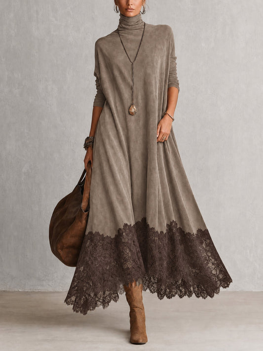 Colette | Robe longue effet daim à bordure en dentelle