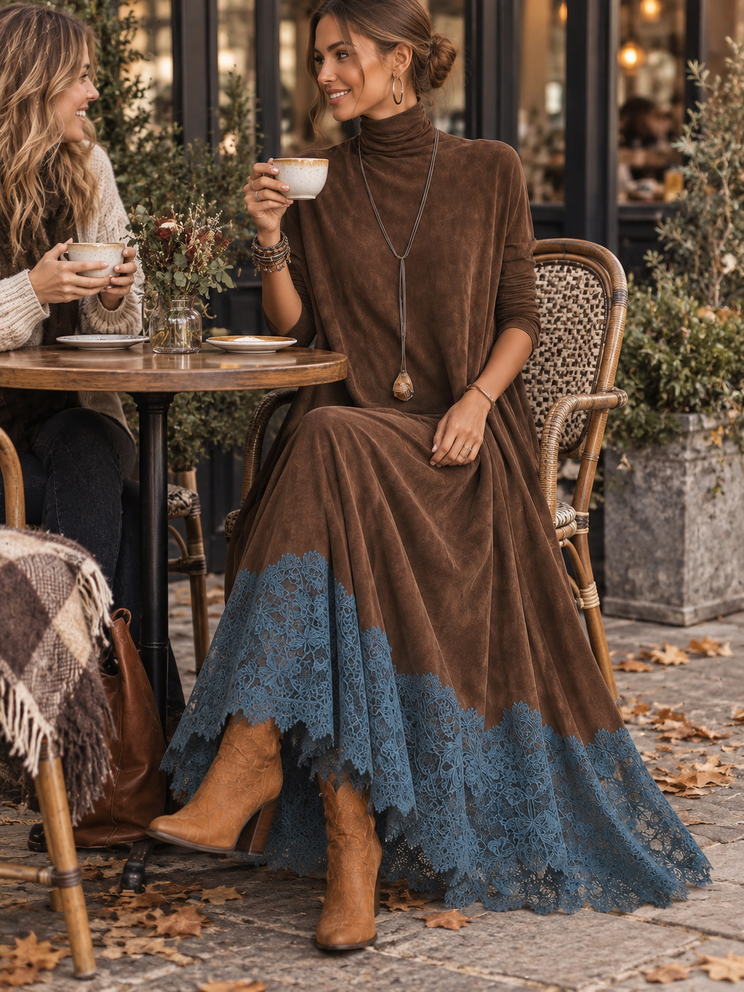 Colette | Robe longue effet daim à bordure en dentelle