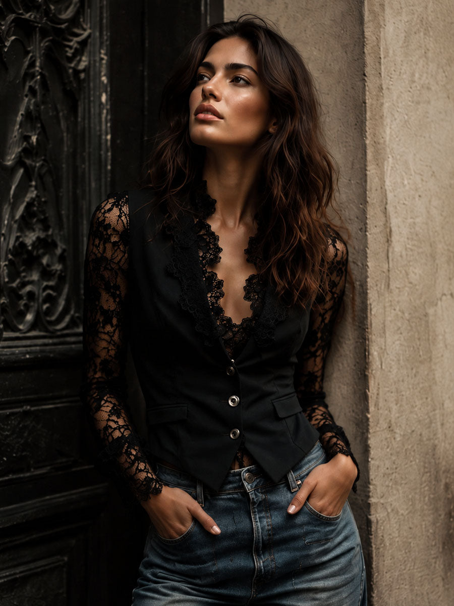 Noelia | Blazer Top Negro de Manga Semitransparente