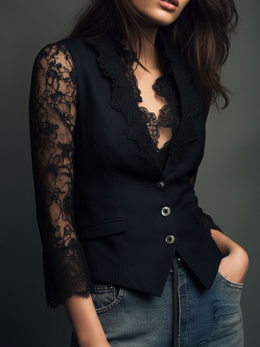 Noelia | Blazer Top Negro de Manga Semitransparente