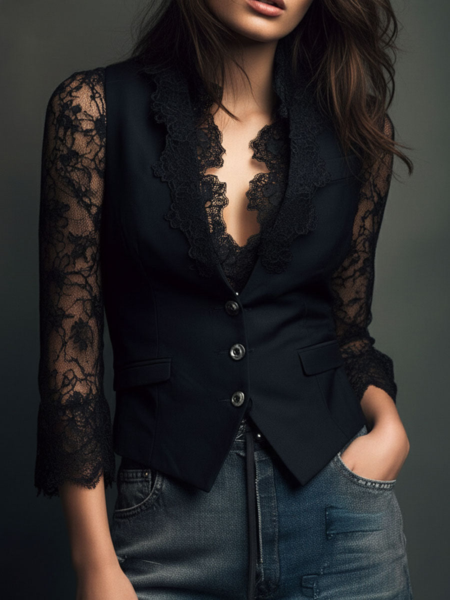 Noelia | Blazer Top Negro de Manga Semitransparente
