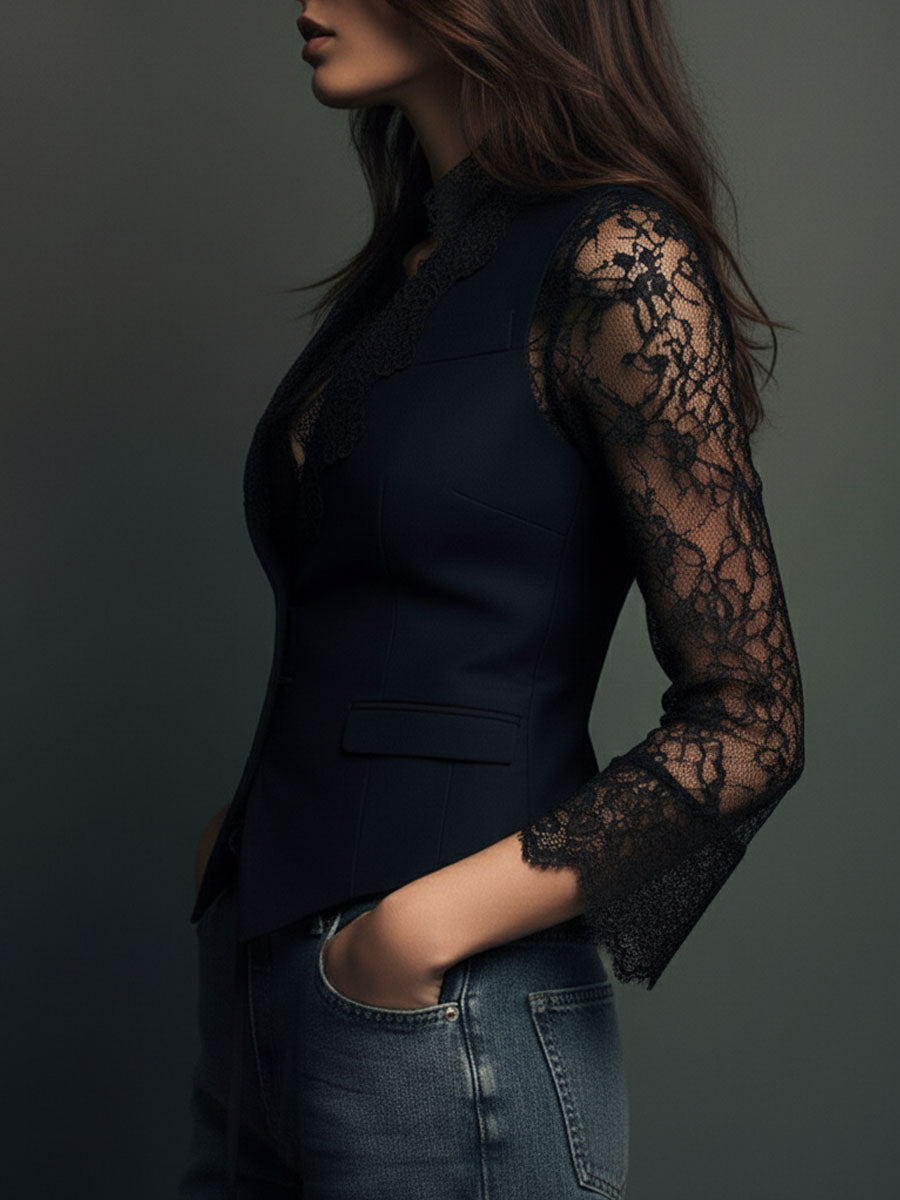 Noelia | Blazer Top Negro de Manga Semitransparente