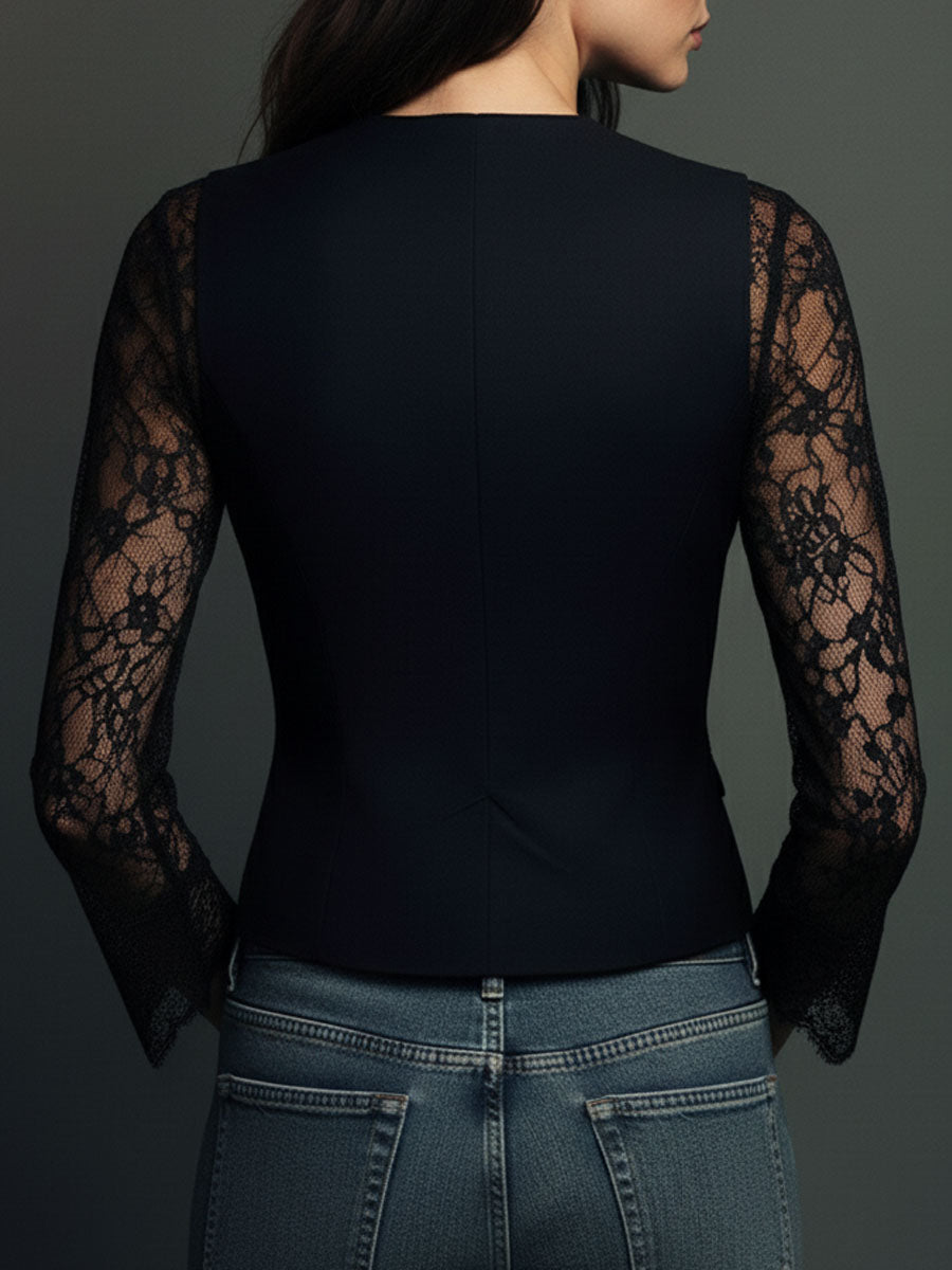 Noelia | Blazer Top Negro de Manga Semitransparente