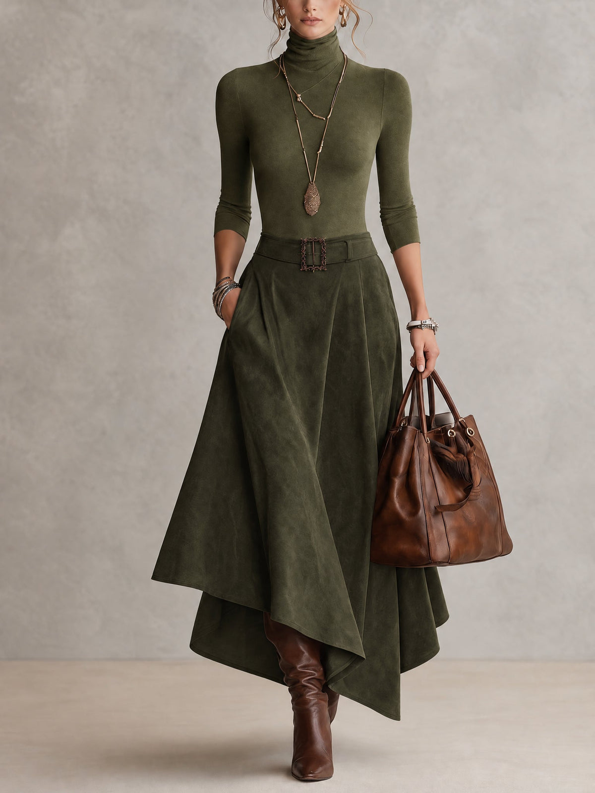 Aurore | Ensemble Top Col Roulé Taupe et Jupe Asymétrique en Daim