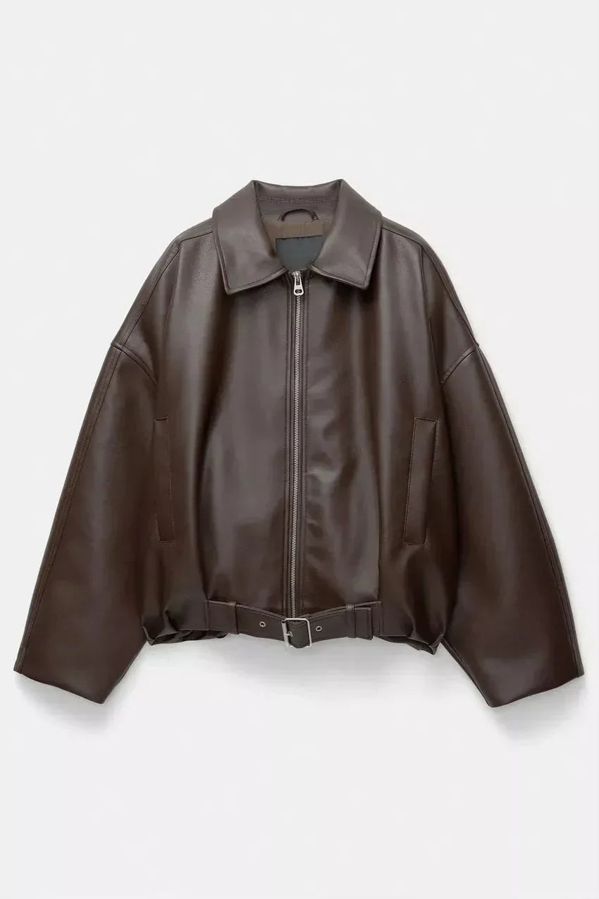Solène - Chaqueta de cuero oversize con cinturón