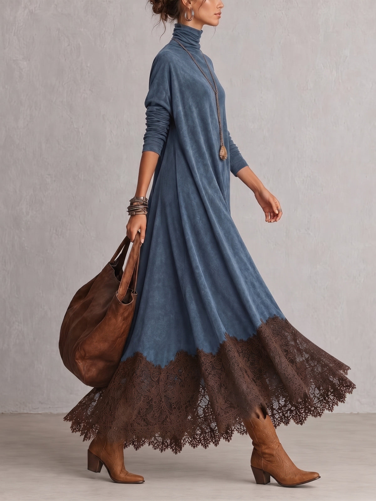 Colette | Robe longue effet daim à bordure en dentelle