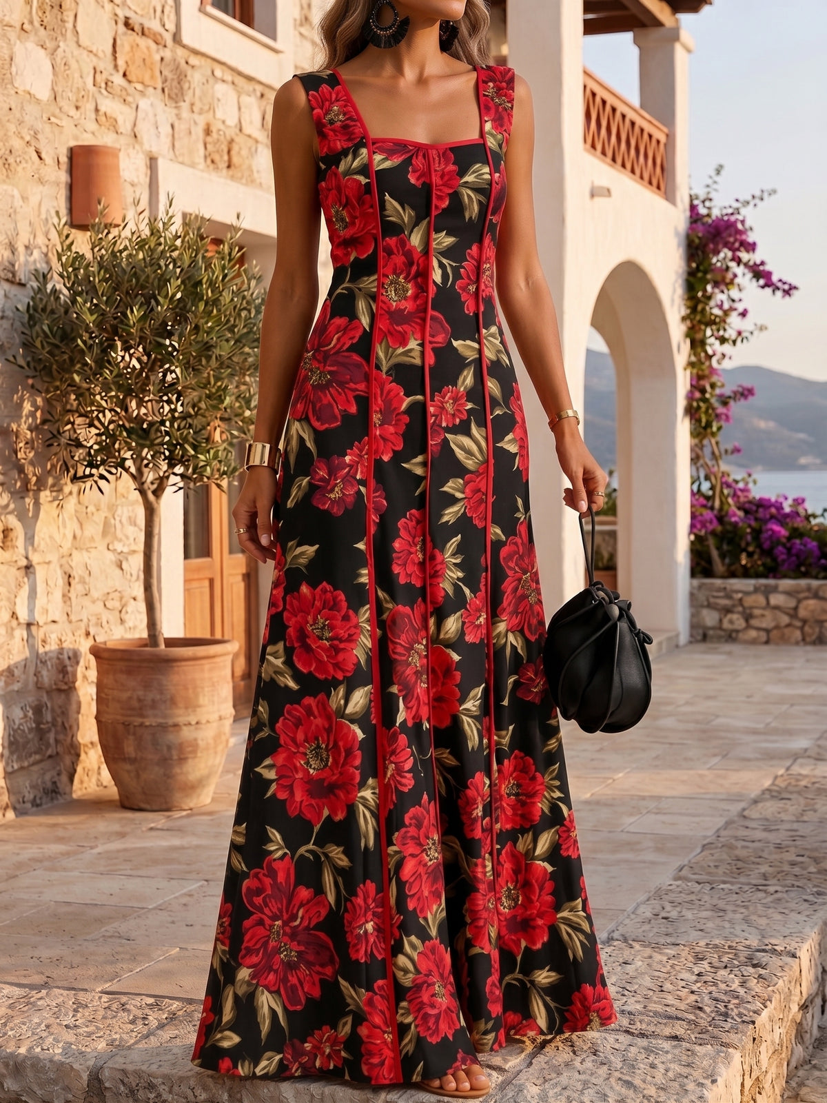 Valeria Vestido Maxi Floral con Escote Cuadrado