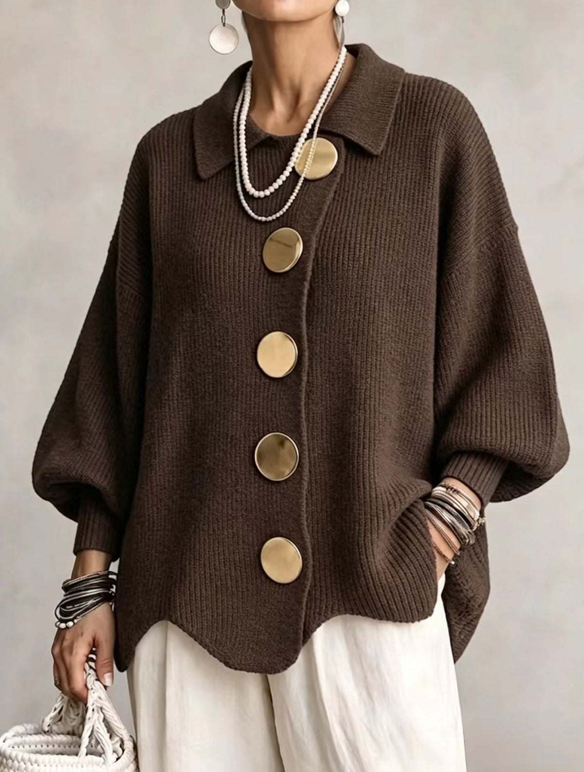 Isadora | Cardigan oversize à col et gros boutons métalliques