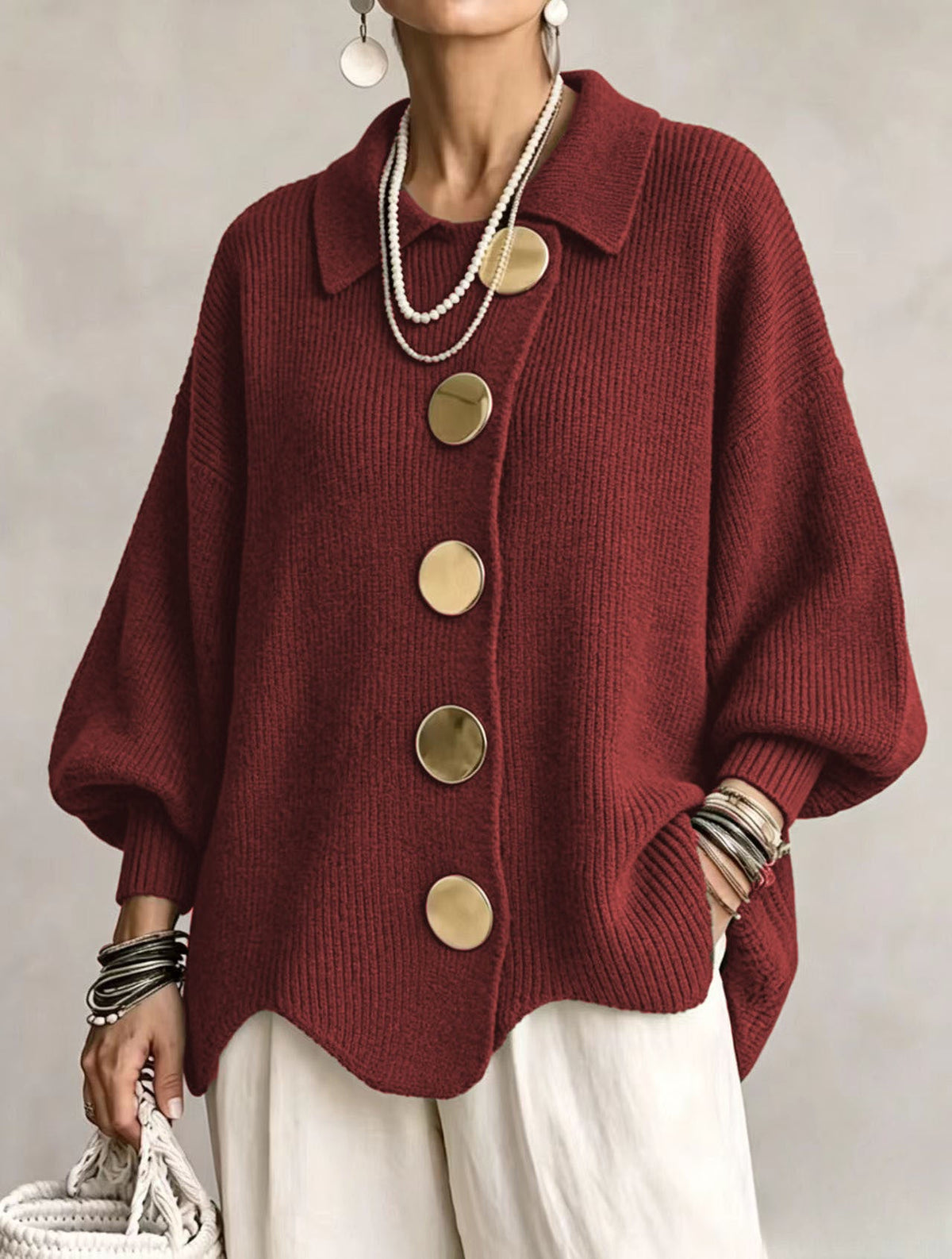 Isadora | Cardigan oversize à col et gros boutons métalliques