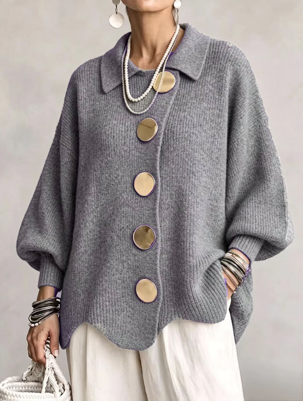 Isadora | Cardigan oversize à col et gros boutons métalliques