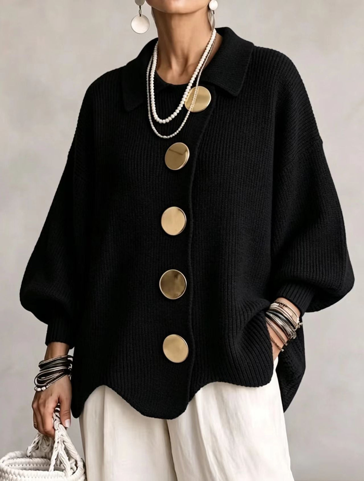 Isadora | Cardigan oversize à col et gros boutons métalliques