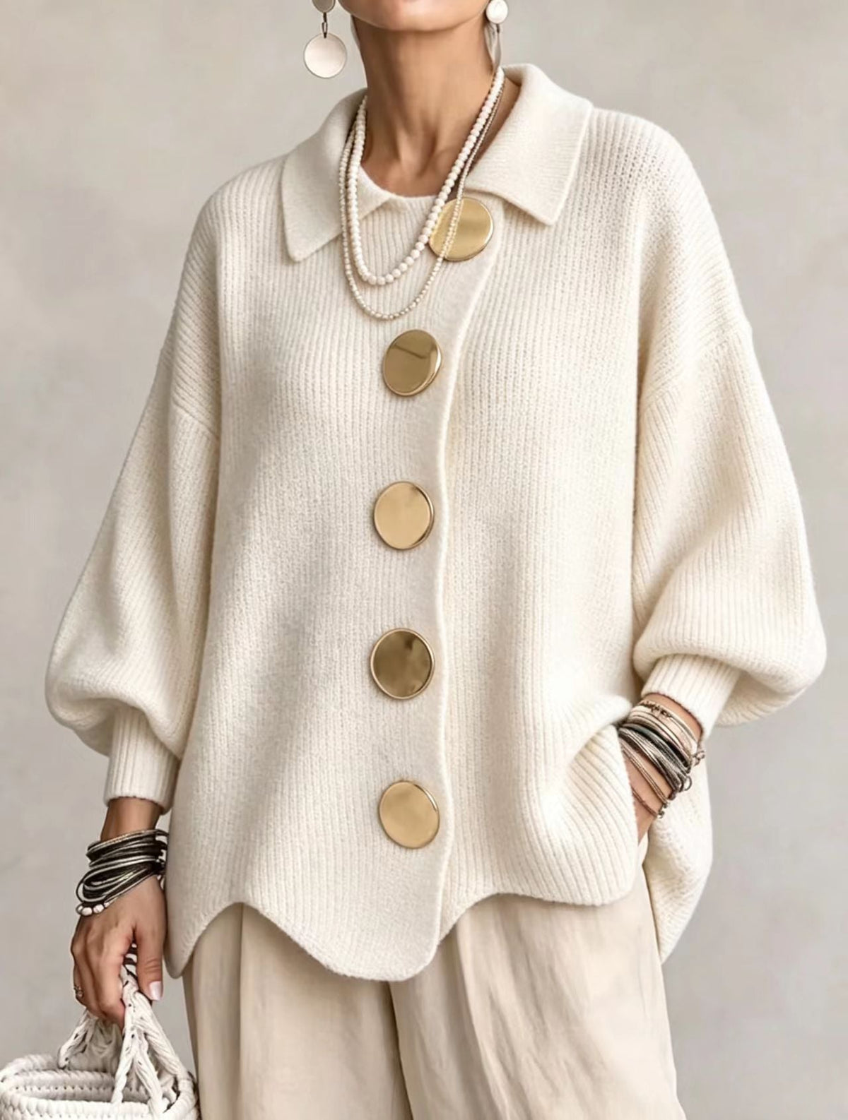 Isadora | Cardigan oversize à col et gros boutons métalliques