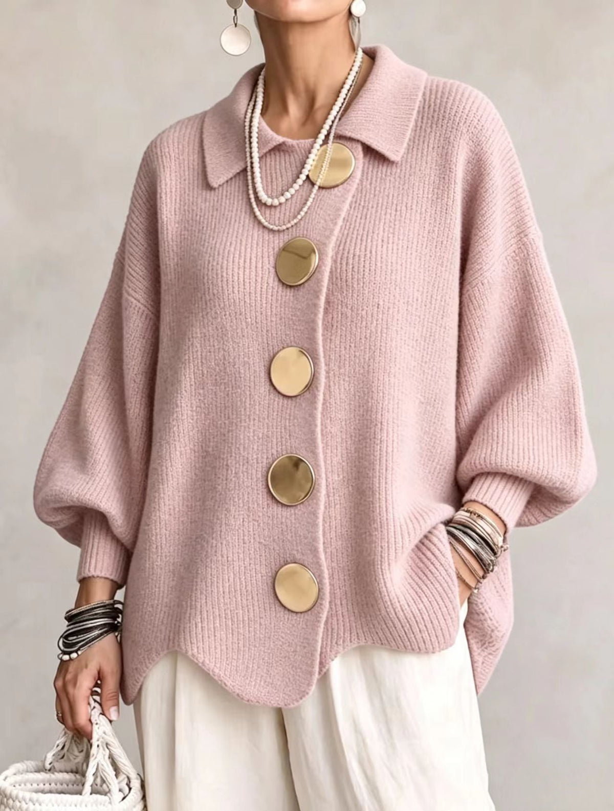 Isadora | Cardigan oversize à col et gros boutons métalliques